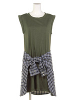 ウエストチェックシャツOP/カーキ