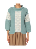 レース切り替え七分袖ニット/グリーン系(021)