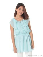 ビジュー付きフリル袖ブラウジングチュニック/ホワイト