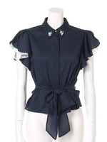 フロントリボンフレアスリーブブラウス/ネイビーブルー