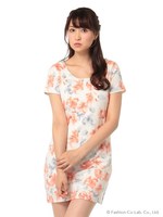 フラワープリント半袖ワンピース/レッド