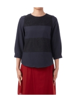 レース切り替え七分袖ブラウス/ネイビー系(093)