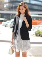 半袖カットリブネックパールトップス/ブラック