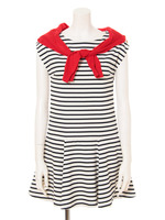 ロー切り替えボーダーワンピ×カーデ/インディゴブルー