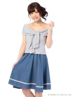 【Tralala】ボーダー×ダンガリーオフショルワンピース/ライトグレー