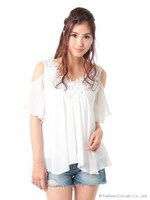 レース装飾肩開きシフォンチュニック/ホワイト