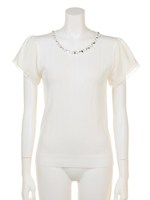 ビジューシフォン袖リブニット/イエロー