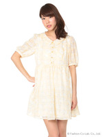 シアーチェックフラワープリントワンピース/Light Yellow