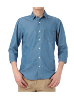 ワンポケット七分袖デニムシャツ/ブルー系(092)