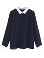 衿カフス異素材ブラウス/ネイビー