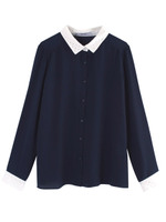 衿カフス異素材ブラウス/ネイビー