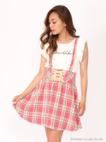 サス付きレースアップチェックスカート/ブラック