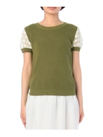 袖フラワーレース切り替えニット/カーキ(027)