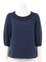 レース衿ハーフスリーブブラウス/グレー