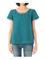 シアーチェックビジューブラウス/グリーン系(222)