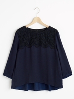 レース切替サテンブラウス/ネイビー