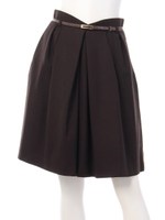 ベルト付ウールランダムタックスカート/ブラウン
