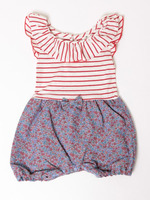 ボーダーフリルと花柄デニムのコンビネゾンロンパース/レッド