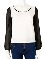 パールビジュー袖シフォン切替トップス/ホワイト