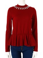 ビジューハイネックペプラムチュニック/ボルドー