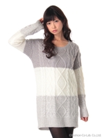 カラーブロックケーブルニットワンピ/グレー