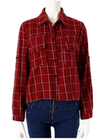 チェック柄ショート丈シャツ/ボルドー