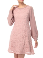 ニットxレースAラインワンピ/ピンク