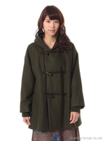 ウールメルトン×チェックフラワー裏地ダッフル/カーキ