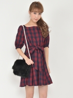 ウエストリボンチェックワンピース/キャメル