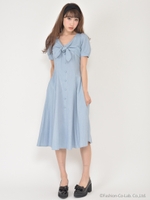 フロントリボンミディワンピ/ライトブルー