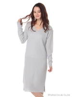 ・VネックワイドリブIラインニットワンピース/Light Gray