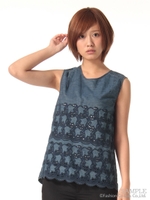 チューリップ柄レースデニムブラウス/ネイビー