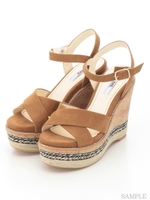 【R&E】コルク×ジュートハイウェッジクロスストラップサンダル/キャメルスエード