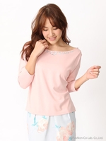 16.SS ビジュー調ボートネック7分袖カットソー/ピンク