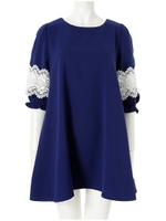 袖レース切替チュニック/ブルー