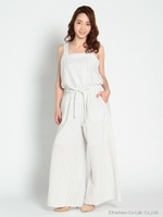 綿麻ストライプオーバーオール/オフホワイト