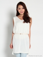 ベルト付きノースリＶネックワンピース/ホワイト