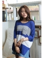 【AZUL by moussy】R/麻/Cブロッキングラウンドネック5分プルオーバー/柄NVY