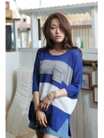 【AZUL by moussy】R/麻/Cブロッキングラウンドネック5分プルオーバー/柄NVY