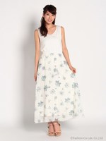 プリーツ花柄マキシワンピース/グレー系