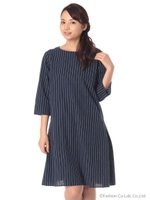脇タックストライプサックワンピース/Navy