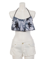 ヤシ柄フリルバンドゥービキニセット(デニムパンツ付)/クロ