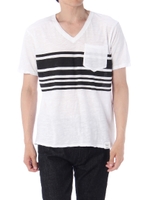 【AZUL by moussy】スラブ天竺パネルボーダーVネック半袖T/BLU