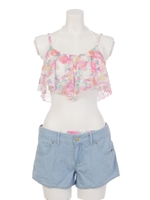 花柄フリルトップス付ビキニ4点セット(デニムパンツ付)/オフホワイト