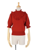 【F i.n.t】フリル使い5分袖ニットプルオーバー/RED