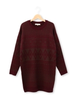 ネイティブ柄ジャカード編みニットワンピース/ボルドー(164)