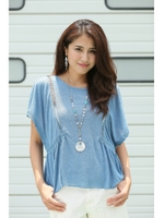 【AZUL by moussy】スラブ天竺レース使いフレアプルオーバー/SAX