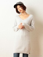 Vネックニットロングワンピース/ライトグレー