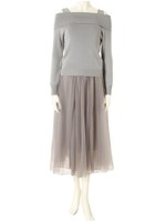 オフショルニット×チュールワンピースセット/グレー