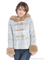 ビット付きチェック柄ショート丈コート/ブルー